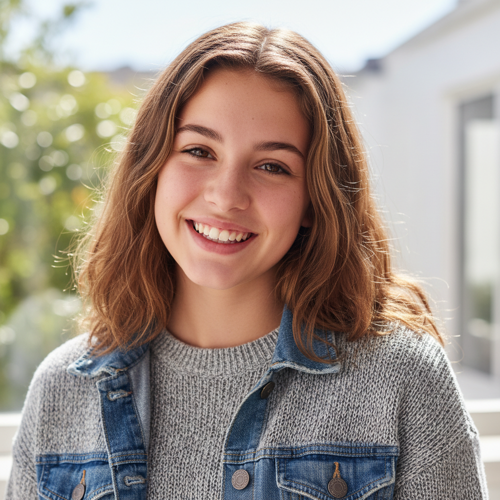 Teenage girl smiling confidently in casual clothing