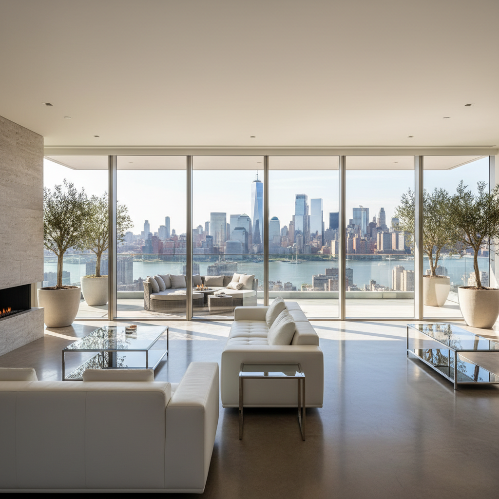 Luxury penthouse living room with floor-to-ceiling windows and Manhattan skyline views