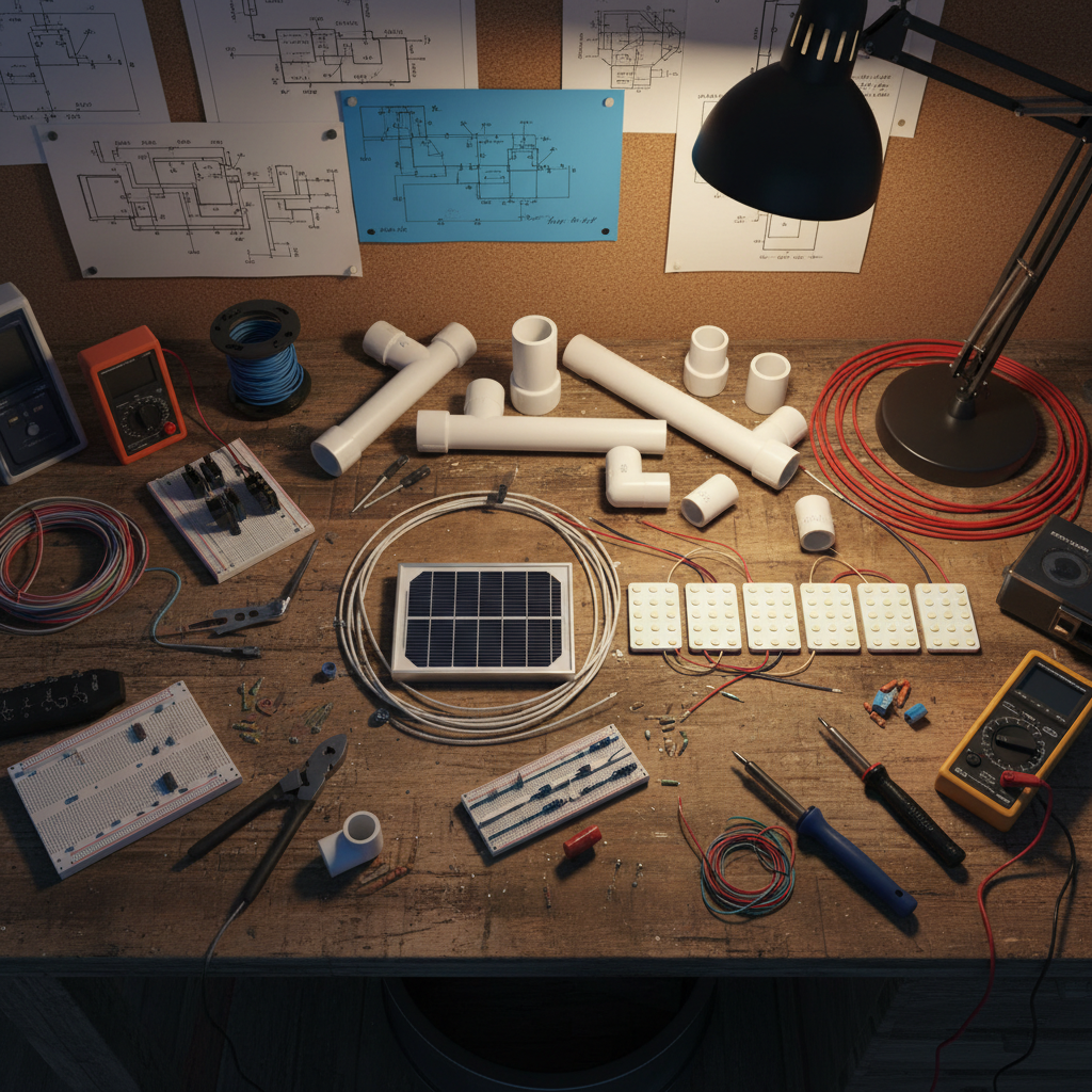South African workshop team members assembling electronic components with tools and PVC pipes on a workbench