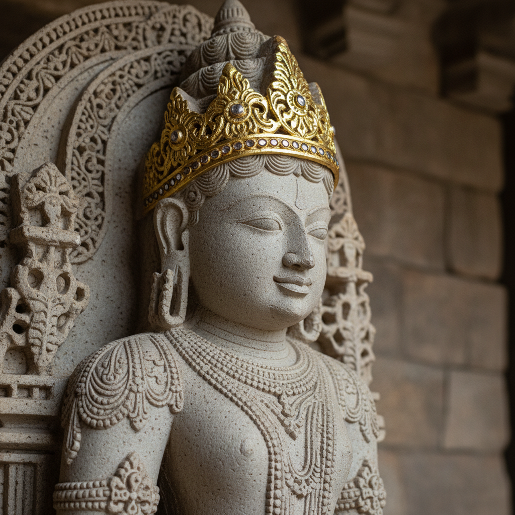 Close up of carved stone idol of Jain tirthankara with golden crown and serene expression