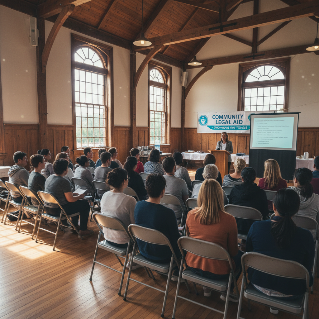 African community members in a legal aid meeting, warm interior, expressions of hope and determination, dark wood table