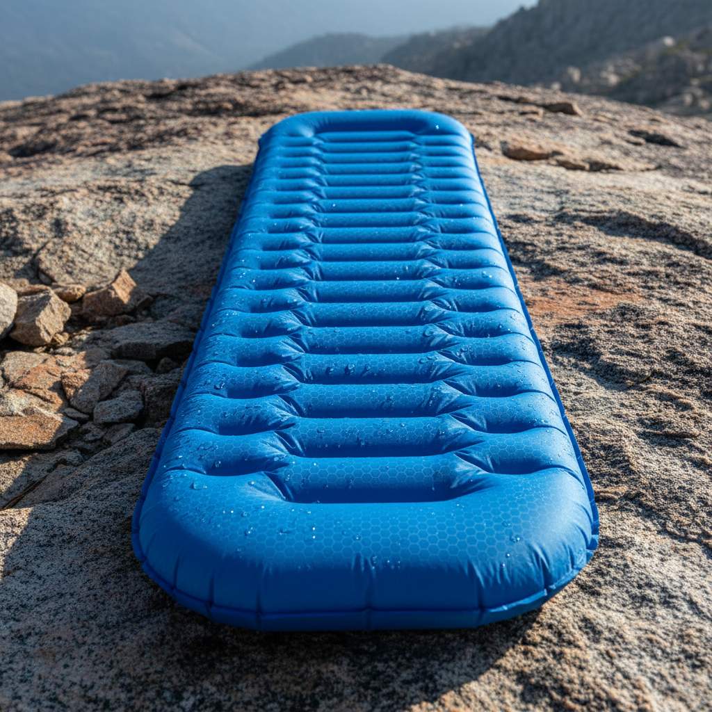 Ultralight inflatable sleeping pad rolled out on rocky terrain