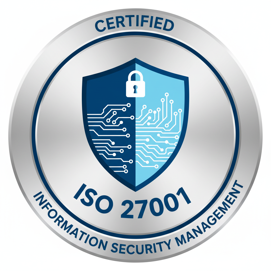ISO 27001 certification seal with blue and white security shield emblem