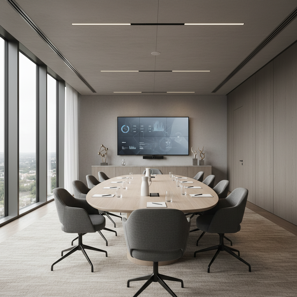 Bright professional office interior with clean lines, natural daylight, executive meeting space with warm tones