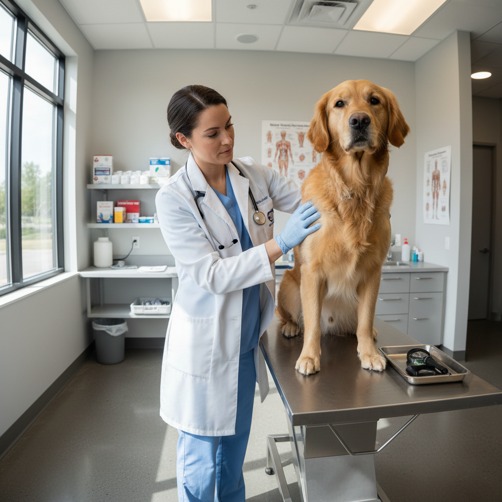 Friendly veterinarian performing a thorough wellness exam on a calm Labrador, bright examination room, professional and gentle