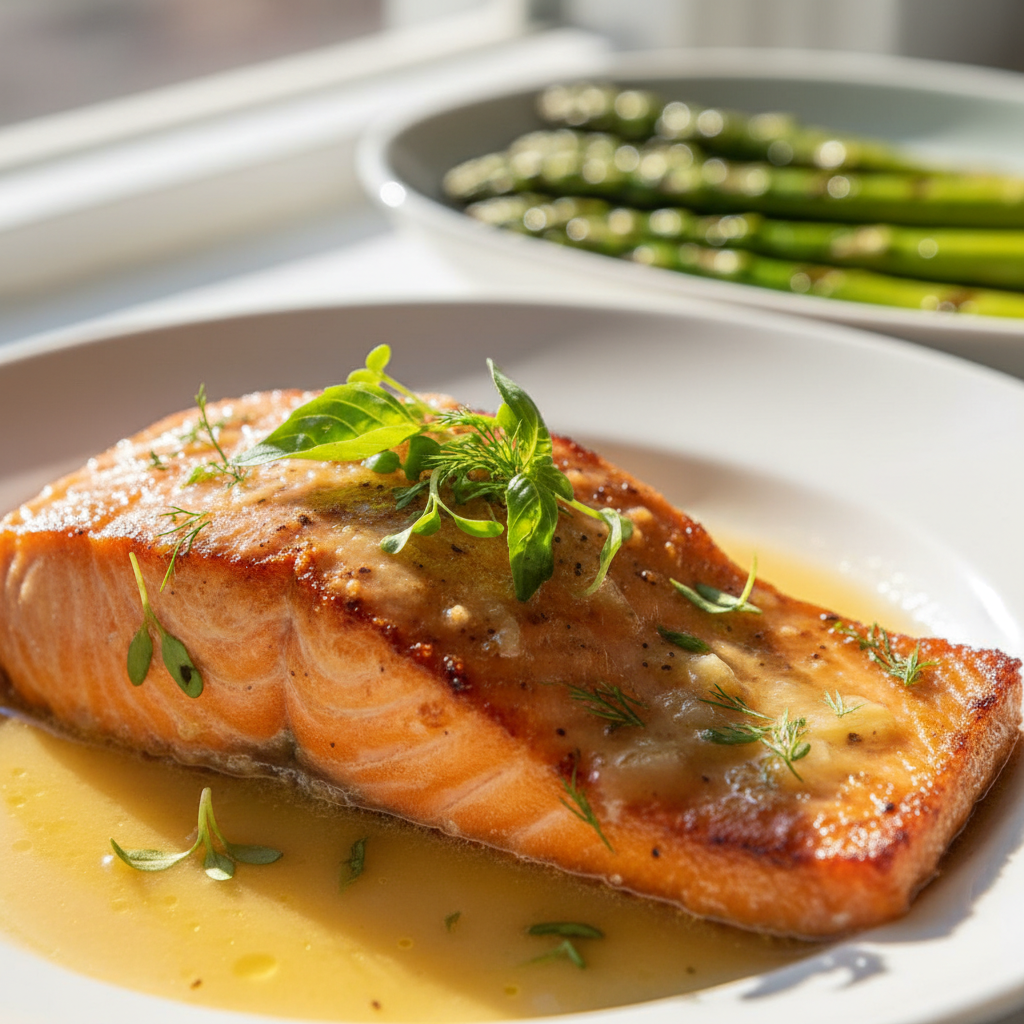 Seared salmon fillet with lemon butter sauce, asparagus, and microgreens
