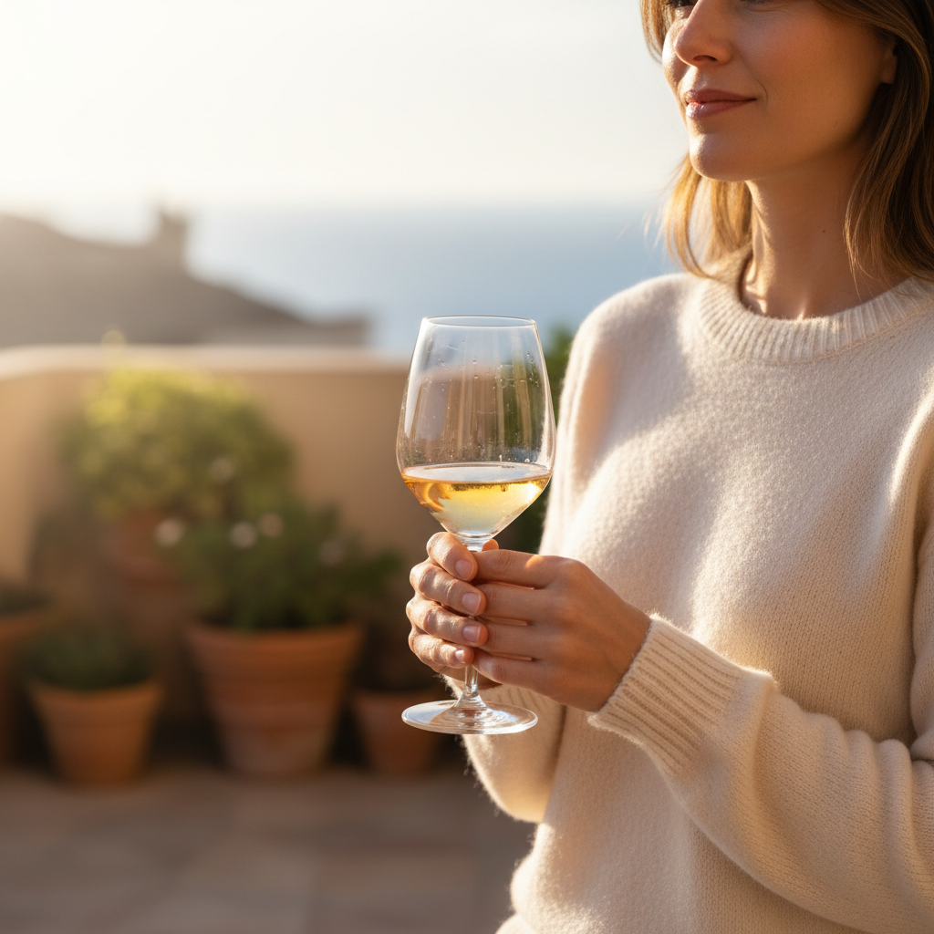 Woman in soft cream cashmere sweater on a sun-drenched terrace with a glass of wine
