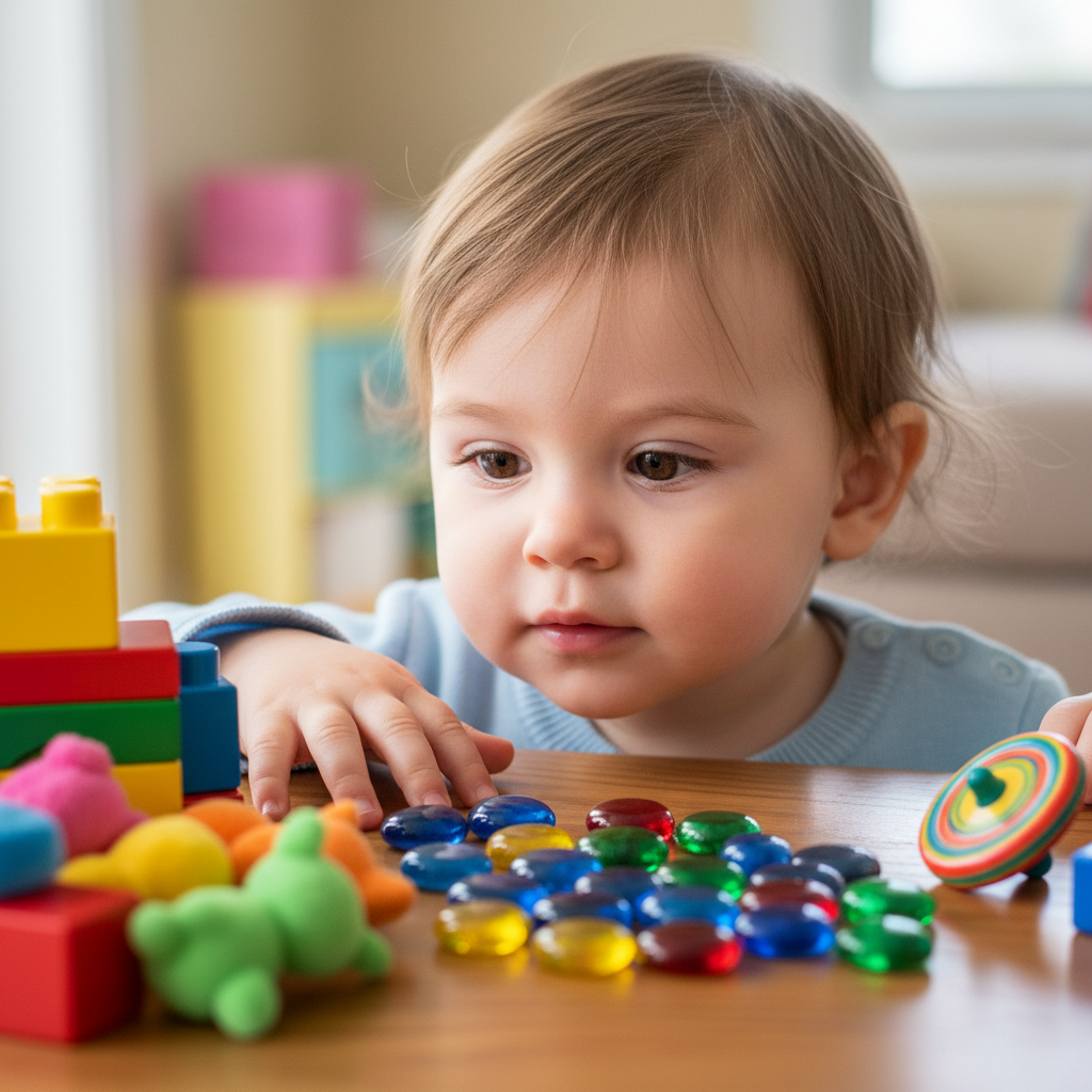 Toddler looking quietly at colorful objects on a table, not speaking