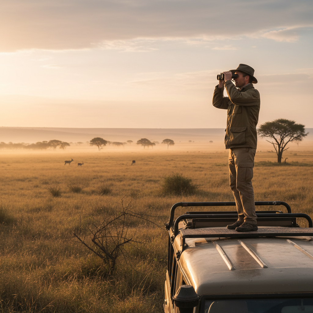 Amara Osei, Tanzanian wildlife guide, with binoculars in savanna landscape