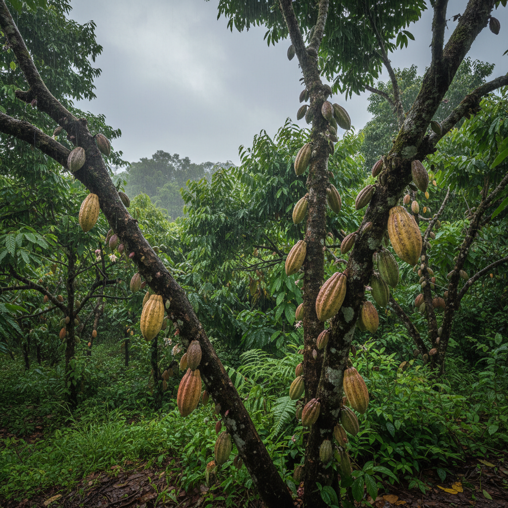 Cacao pods on tree branches in Ecuador rainforest, lush green tropical environment