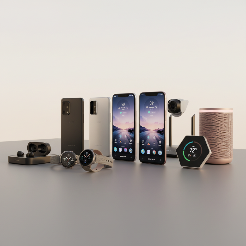 Modern electronics collection including smartphones, laptops, and gadgets arranged on a sleek dark surface