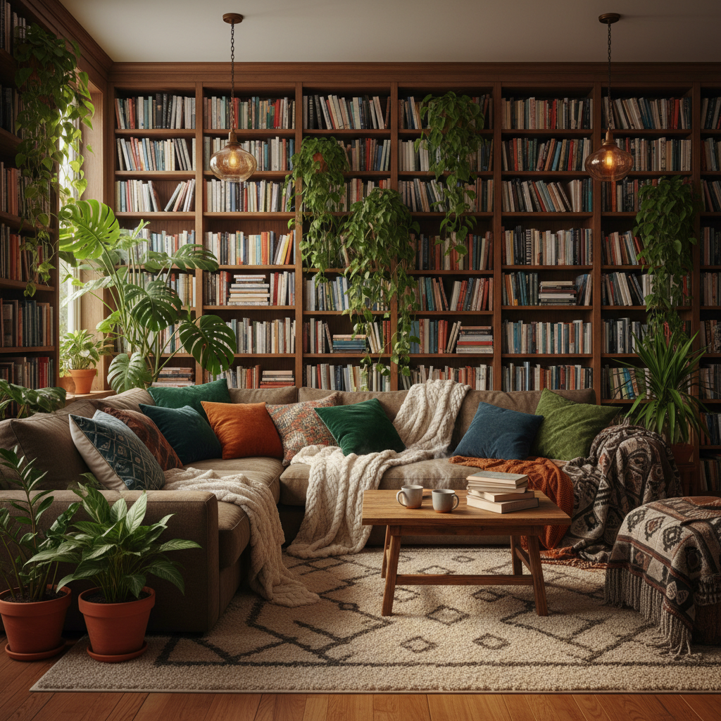 Small cozy apartment living area with smart furniture placement, warm textiles, plants on shelves, and layered lighting creating a comfortable intimate space