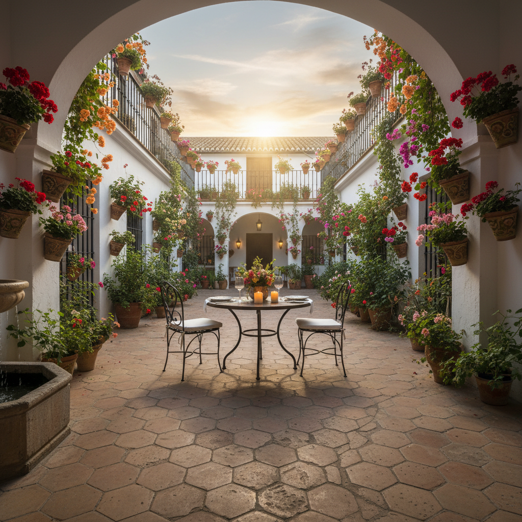 Grand Spanish villa with manicured gardens, white facade, golden afternoon sunlight, tiled courtyard