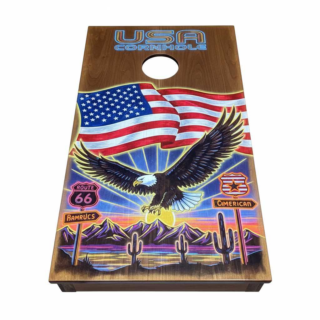 Blacklight Americana themed custom cornhole board made with hickory hardwood by Hayden Craft Co.