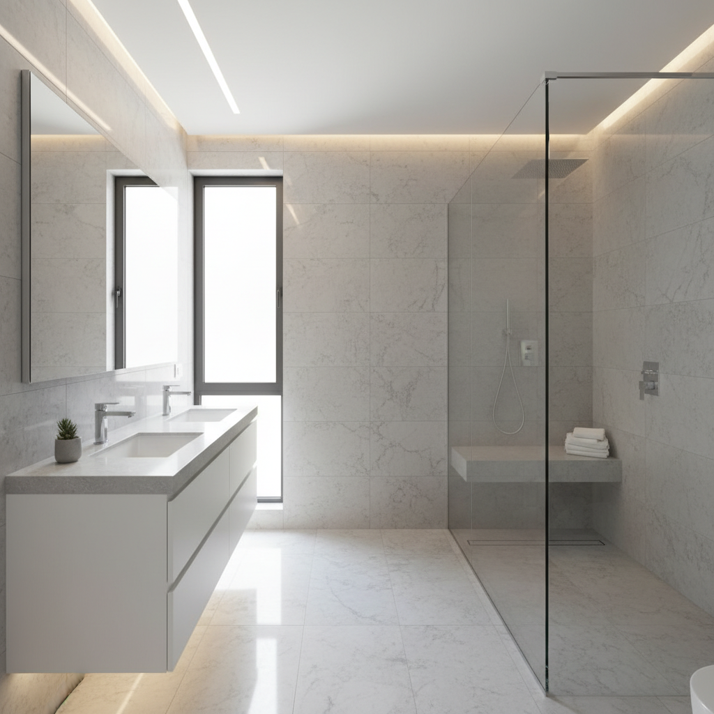 Renovated bathroom with floor-to-ceiling tile, floating vanity and frameless glass shower