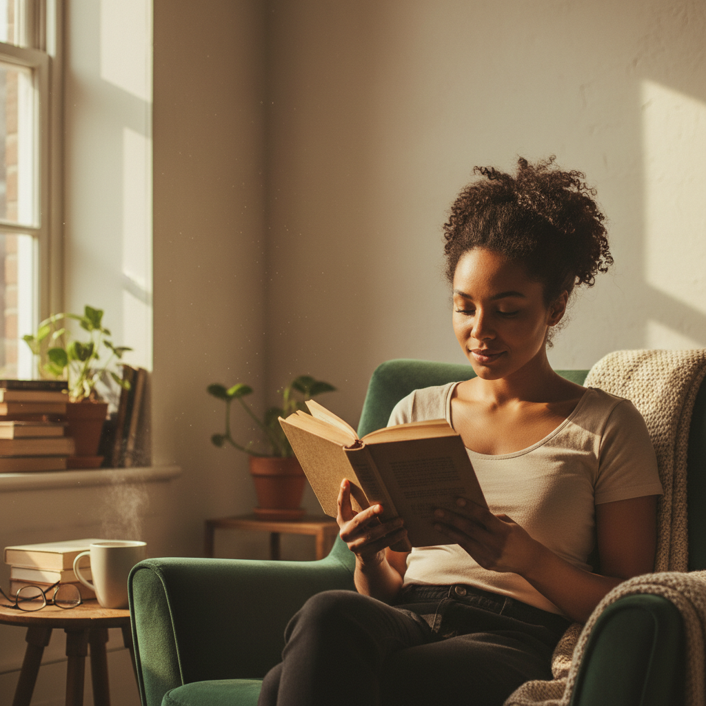 Black woman reading in warm sunlit room, soft shadows on wall
