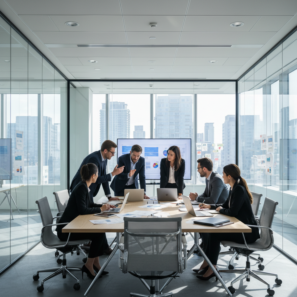 Business consultants collaborating around a whiteboard with strategic frameworks, bright modern meeting room, natural daylight