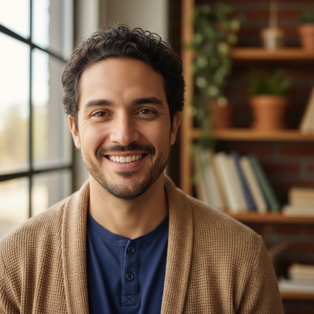 French man educator in his 30s, intellectual warm expression, natural light, books visible in background
