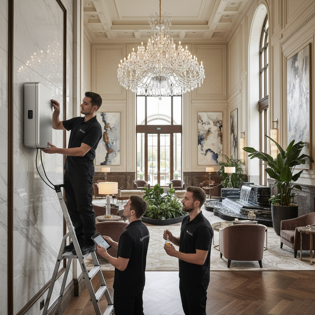 Professional technician installing scent diffuser system in luxury hotel lobby, dark sophisticated environment