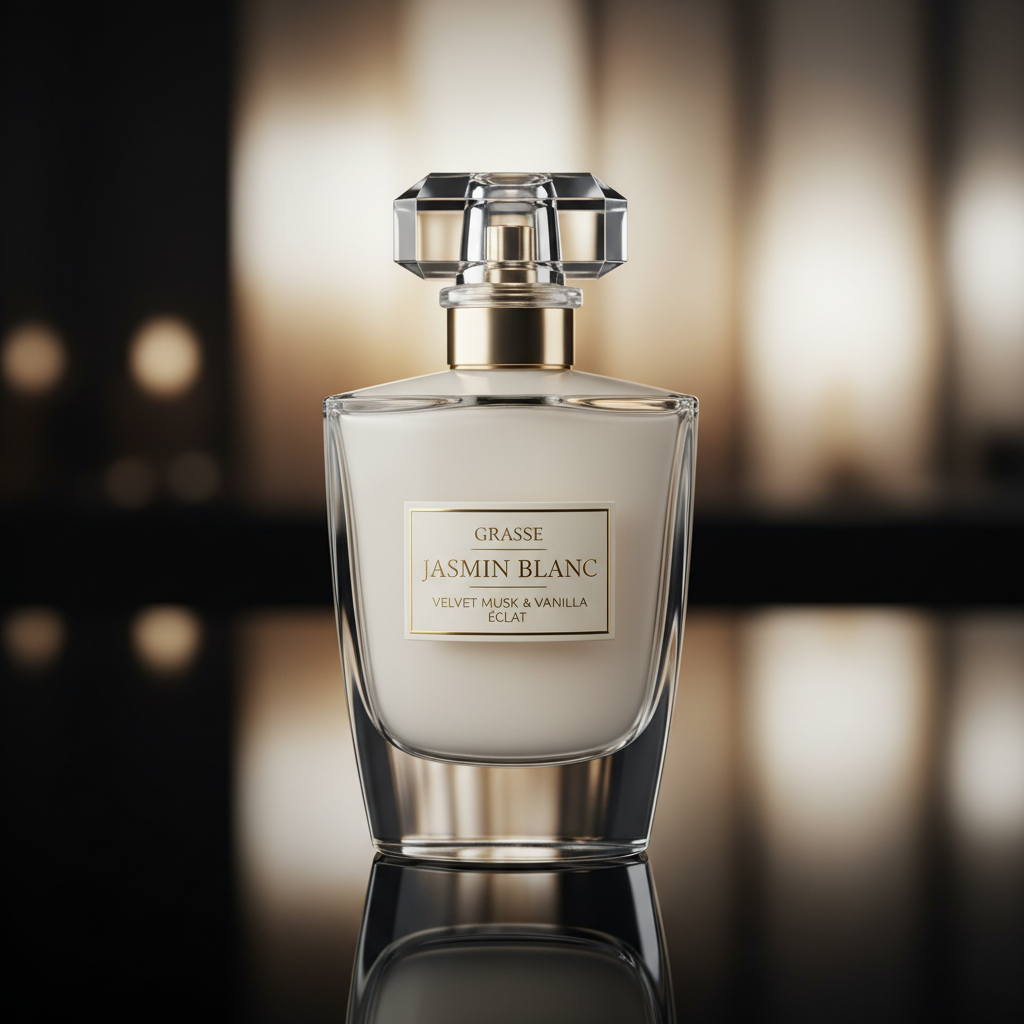 Multiple perfume bottles arranged in a row with sale tags in bright well-lit studio environment