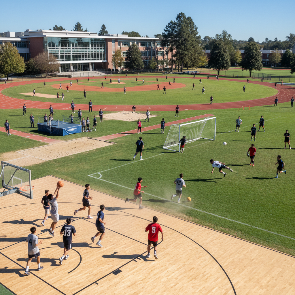 Students on sunny school playground during sports activity