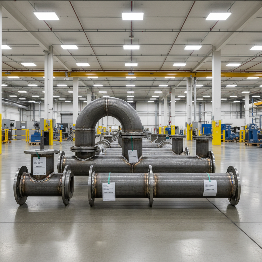 Fabricated carbon steel pipe spools staged for installation in federal facility