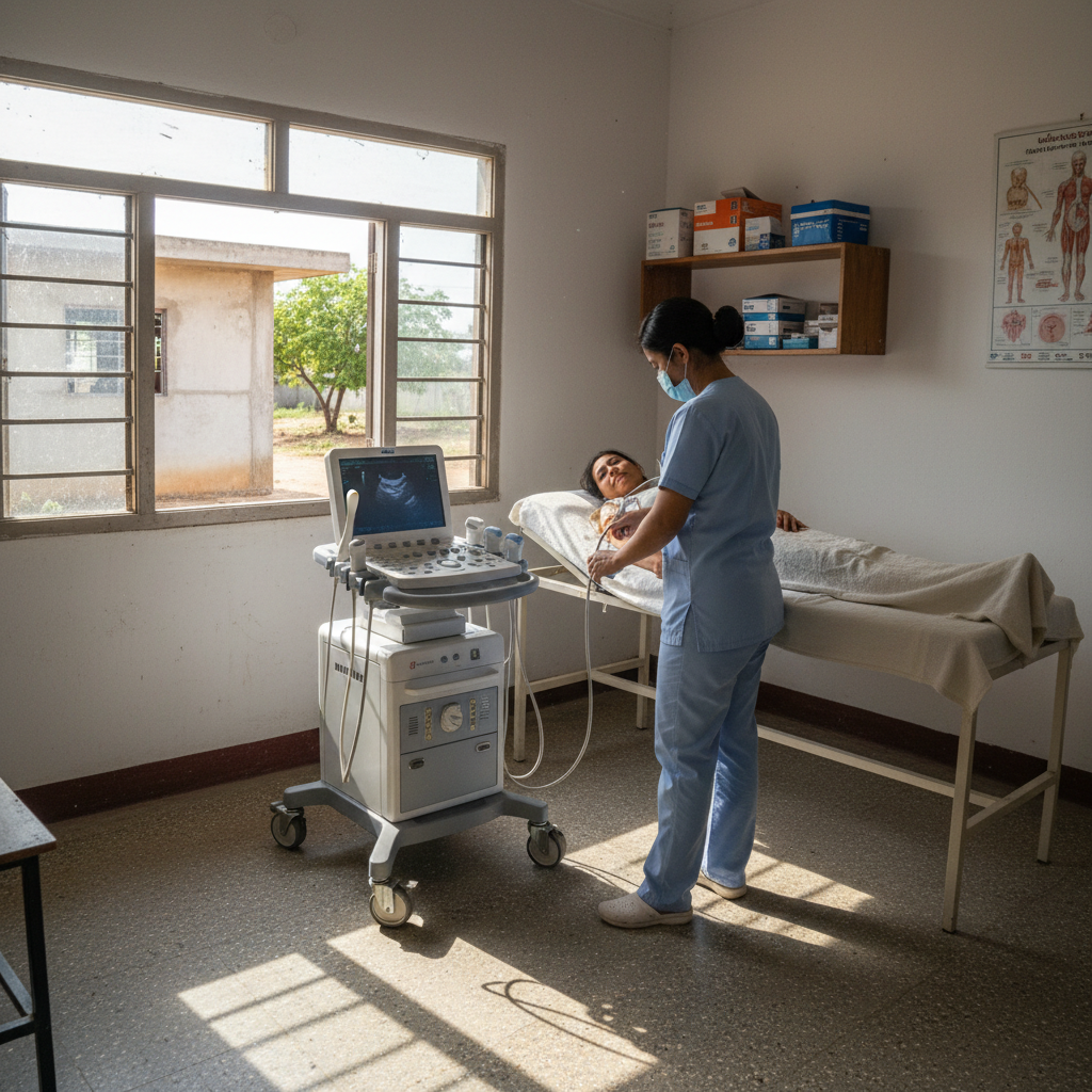 Medical professional conducting cardiac ultrasound screening on patient in rural clinic setting, dim warm lighting