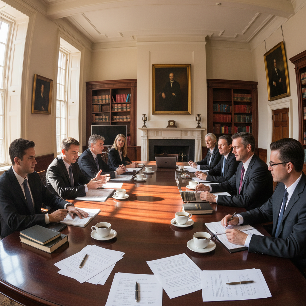 Attorneys seated around a long wooden table with legal pads and coffee cups, engaged in discussion