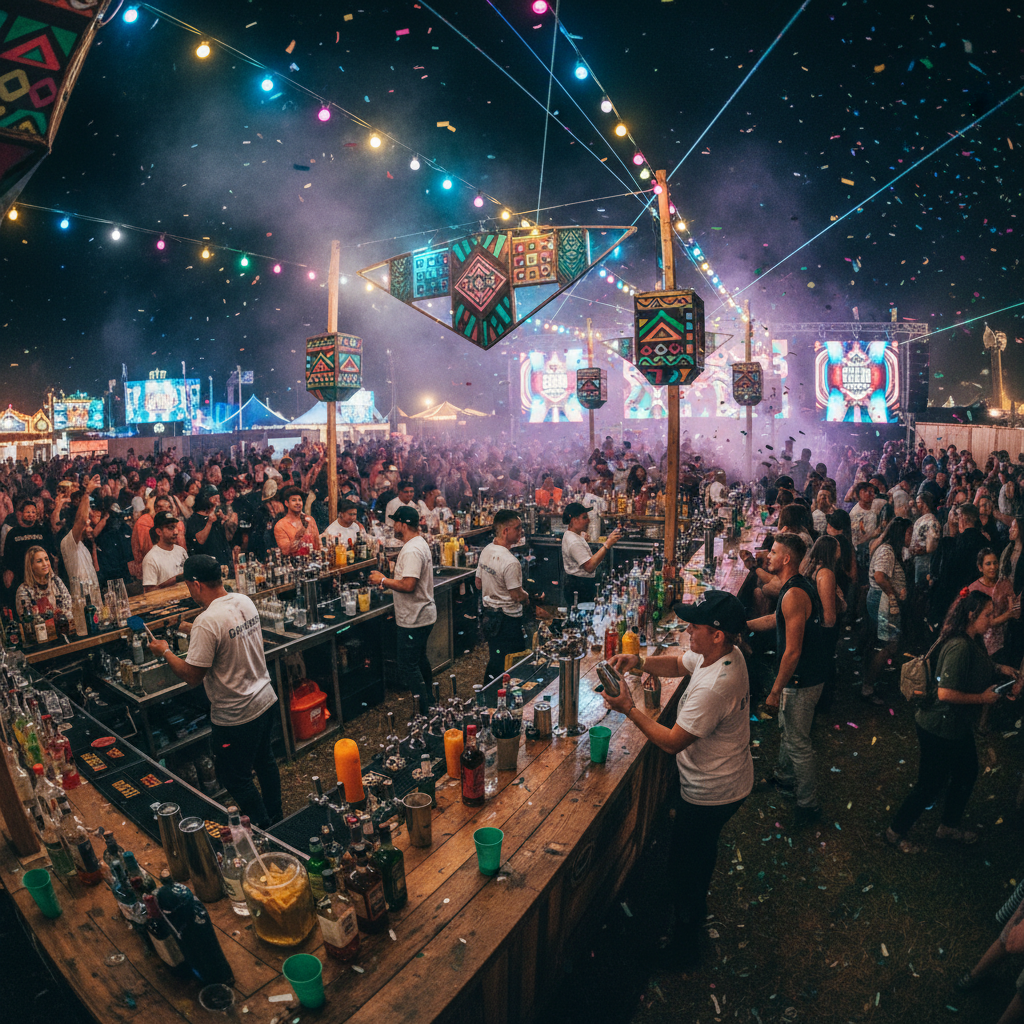 Large festival bar service with multiple bartenders and crowd of guests