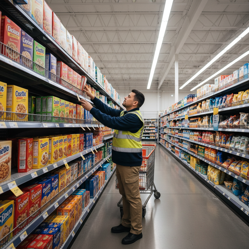 Supported employee stacking shelves