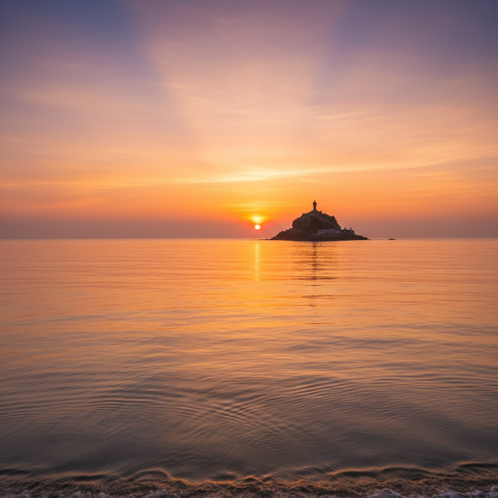 Kanyakumari sunrise over ocean, Vivekananda Rock in distance, vibrant sky, calm water