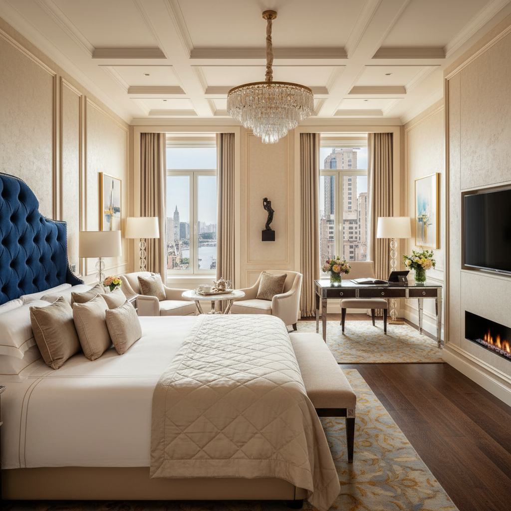 Suite-style hotel room with elegant furnishings, spacious layout, and refined interior design