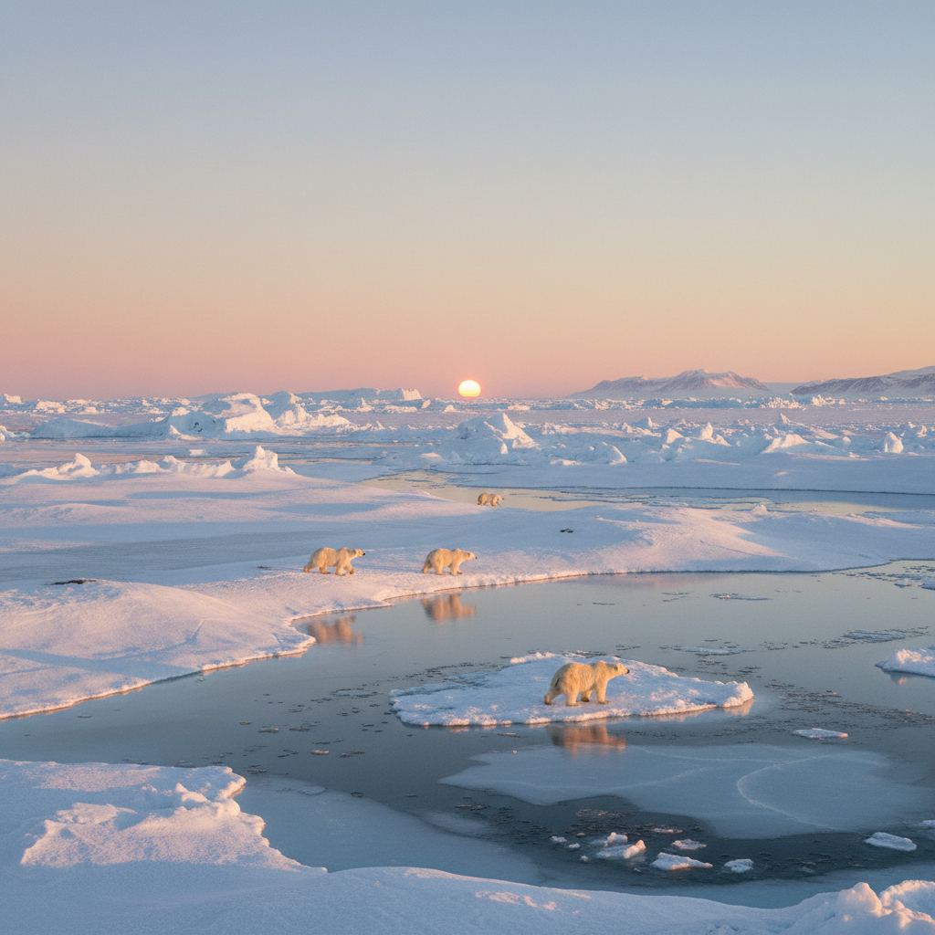 Polar bear on Arctic ice floe, vast frozen ocean, dark overcast sky, dramatic low-key lighting