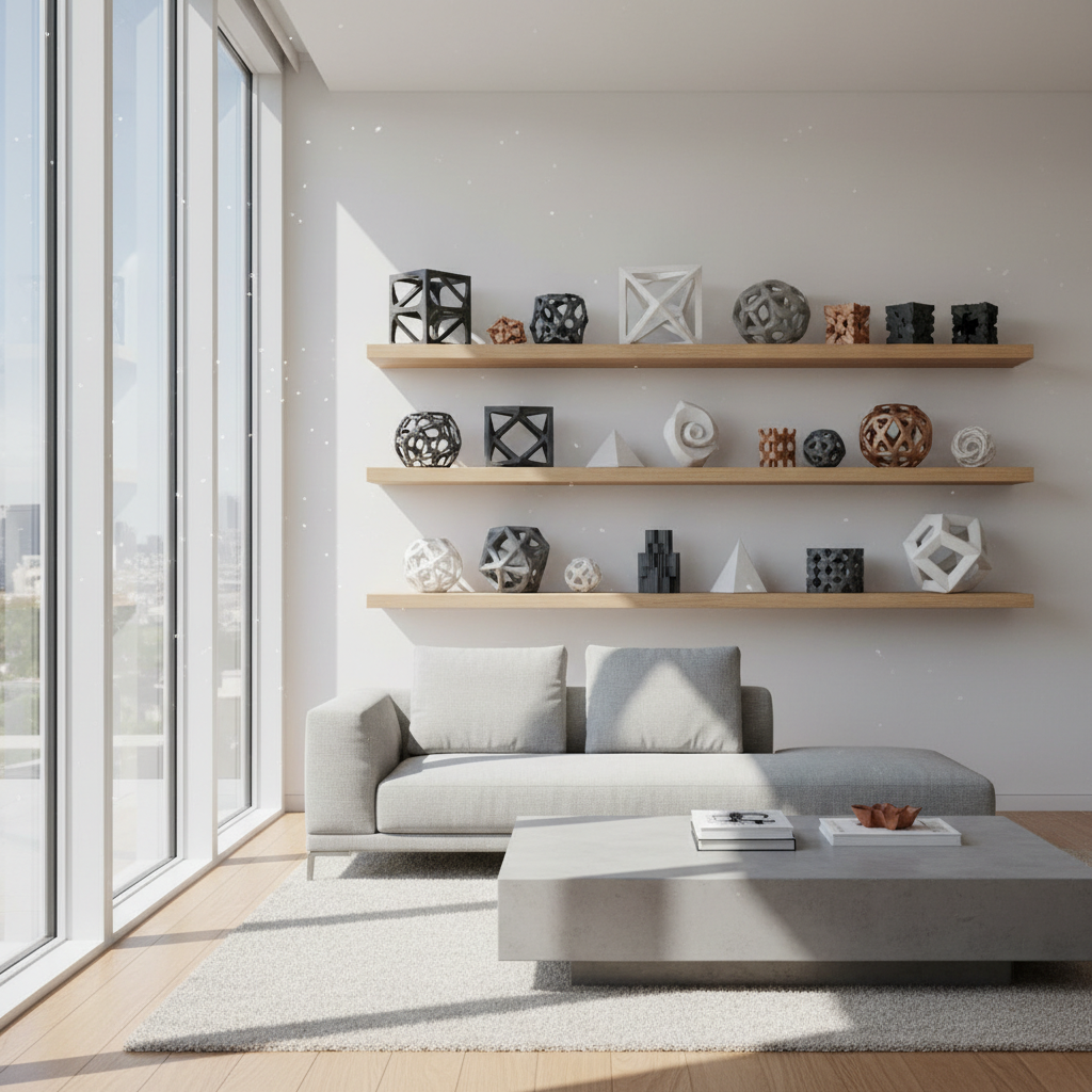 Modern geometric 3D printed home decor pieces on white shelf, bright airy well-lit minimalist setting