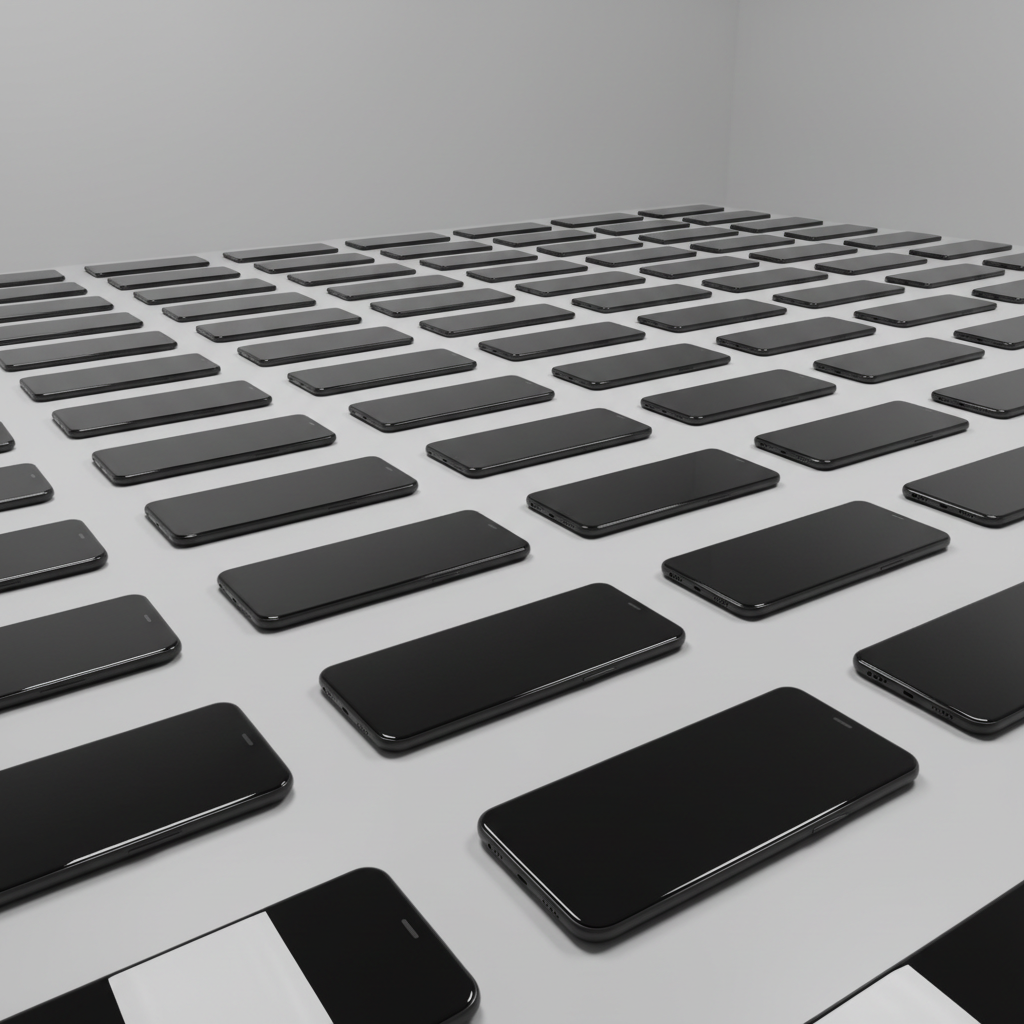 Row of iPhones on white surface, bright clean studio lighting, white background