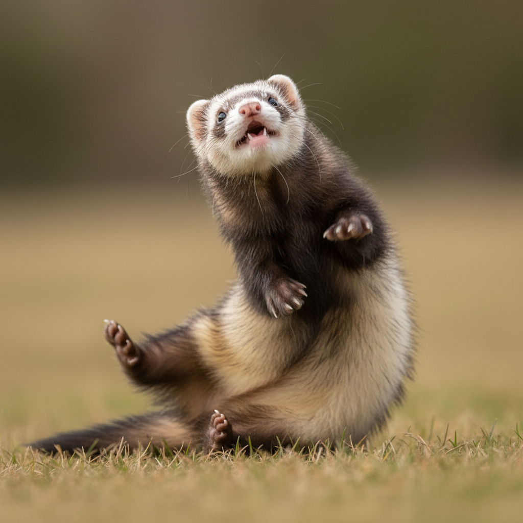 Weasley the ferret mid-war-dance with arched back and excited expression
