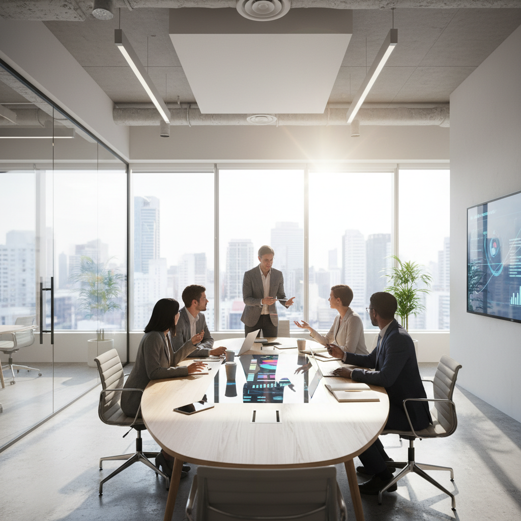 Modern open-plan office with professionals collaborating around a large conference table with city views