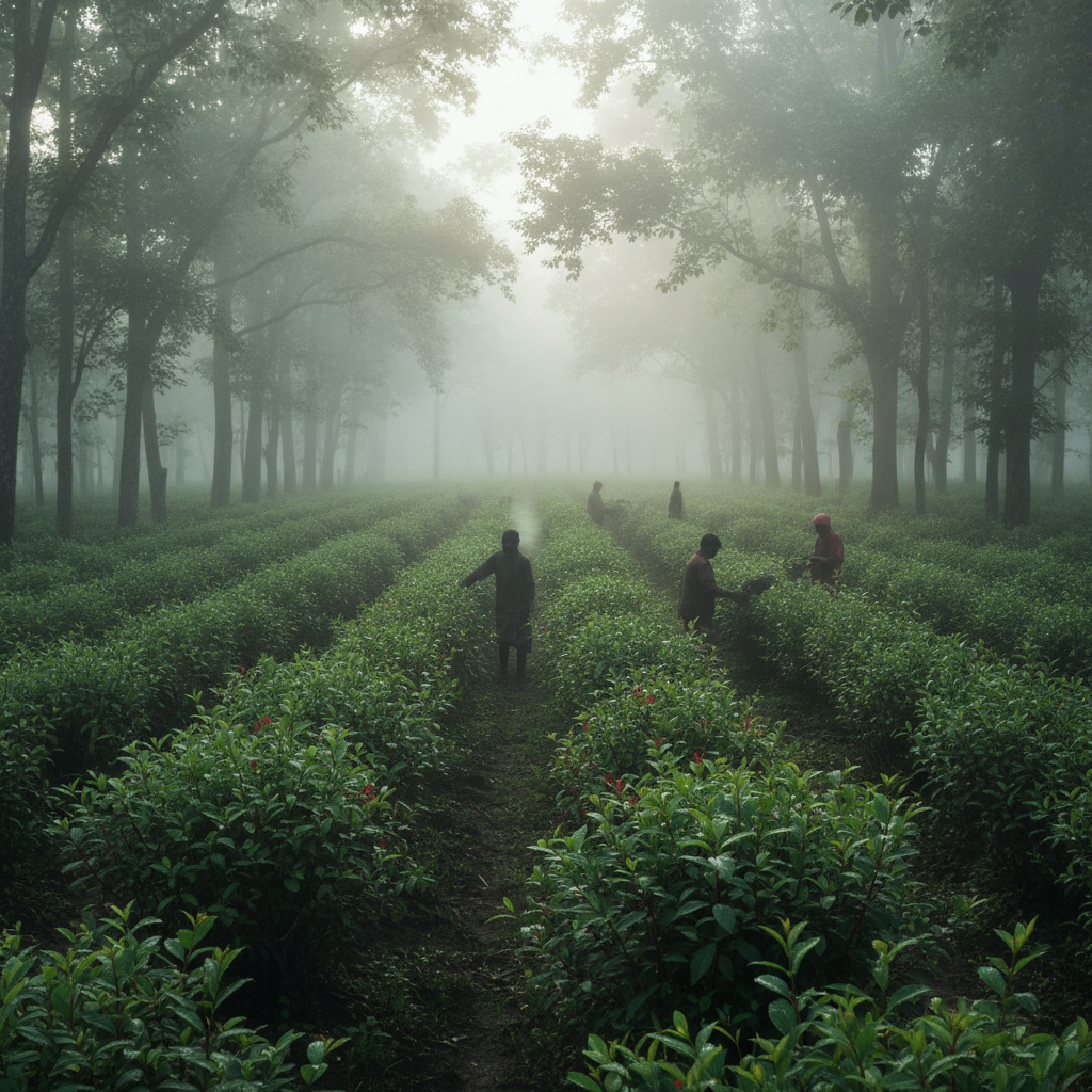 Mist rising over cloud forest canopy at dawn seen from coffee plantation hillside