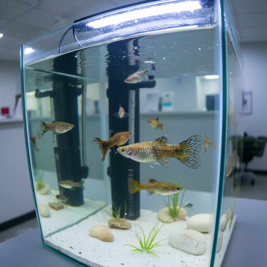 Clinic aquarium with fish showing signs of velvet disease