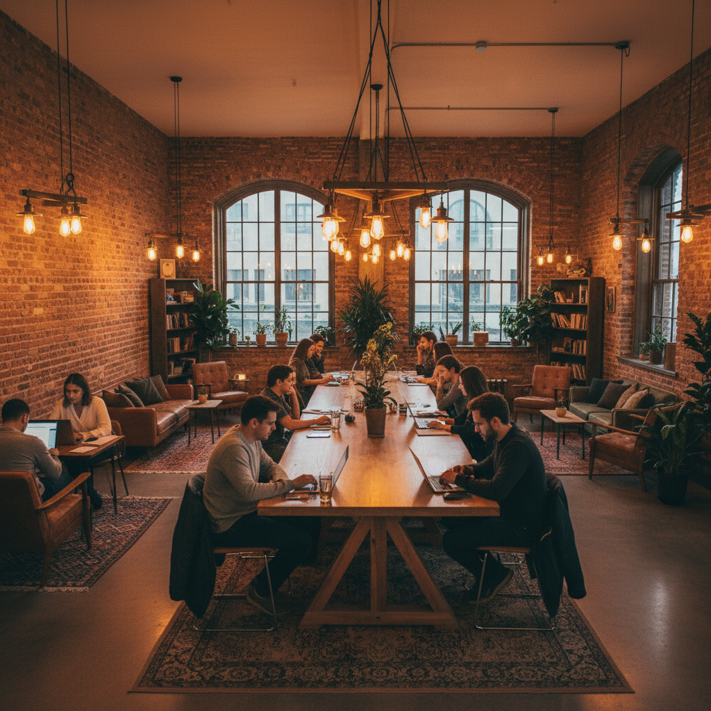 Modern coworking space with exposed brick walls and pendant lighting over long wooden tables