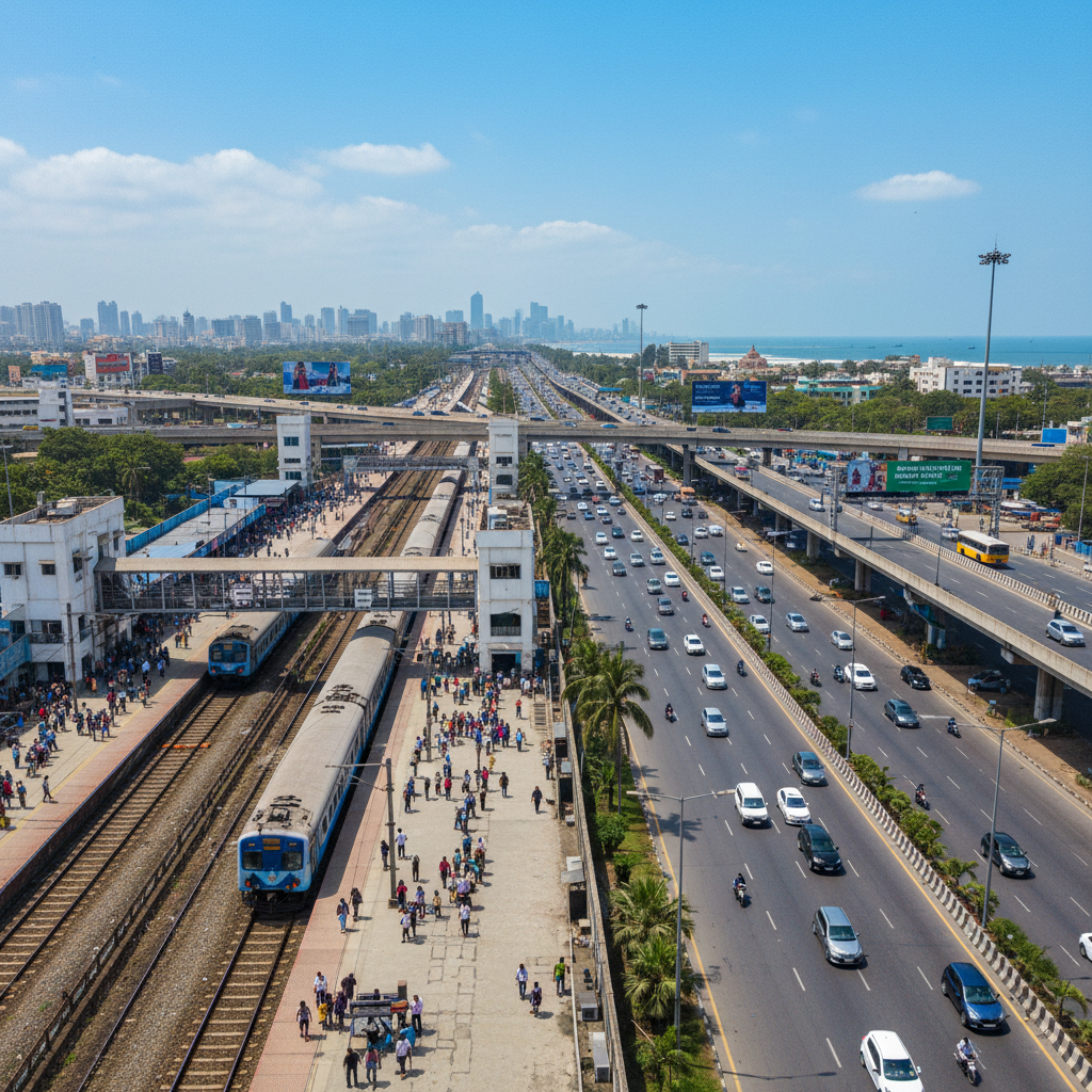 Mira Road railway station and highway showing excellent connectivity to Mumbai city center
