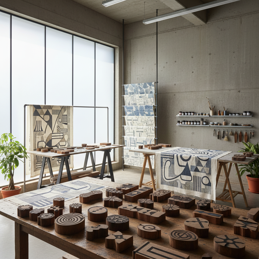 Designer workspace with traditional Indian patterns and modern branding materials on wooden desk