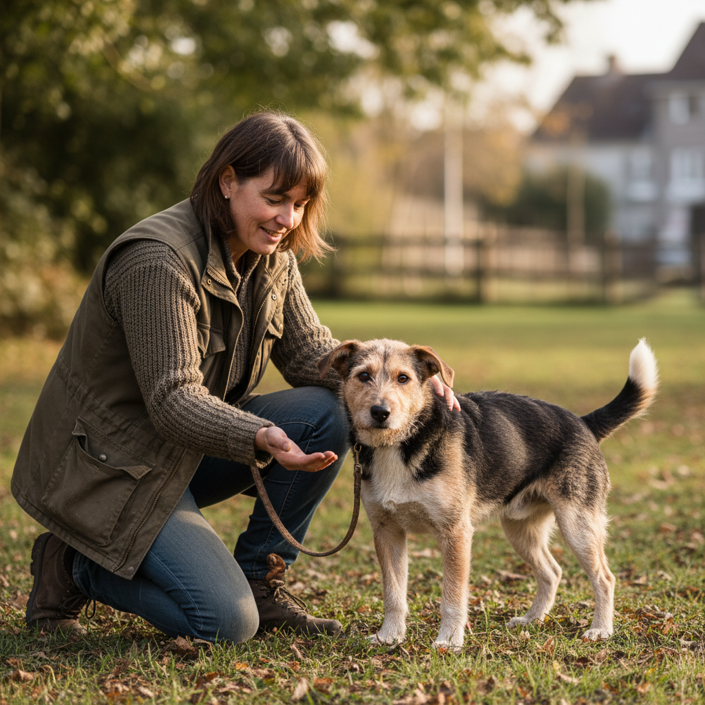 A friendly handler kneeling to greet a nervous rescue dog during a welcome tour while the owner watches warmly