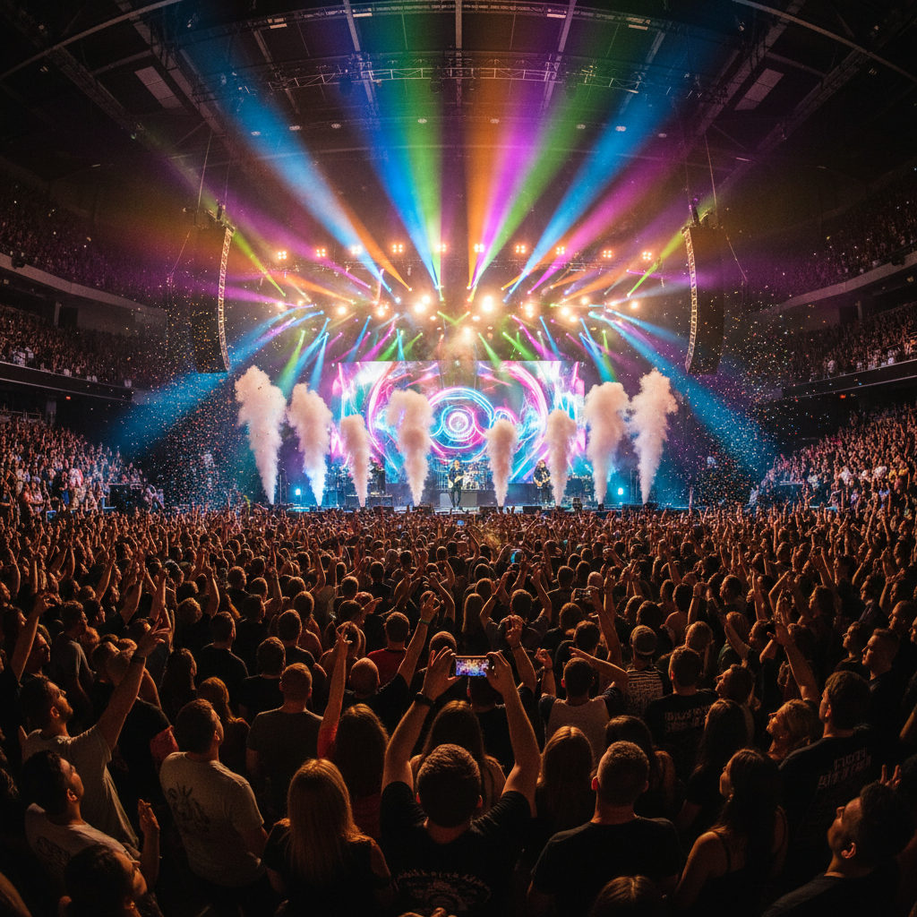 Entertainment venue concert with colorful stage lighting, large crowd, and dramatic atmospheric production