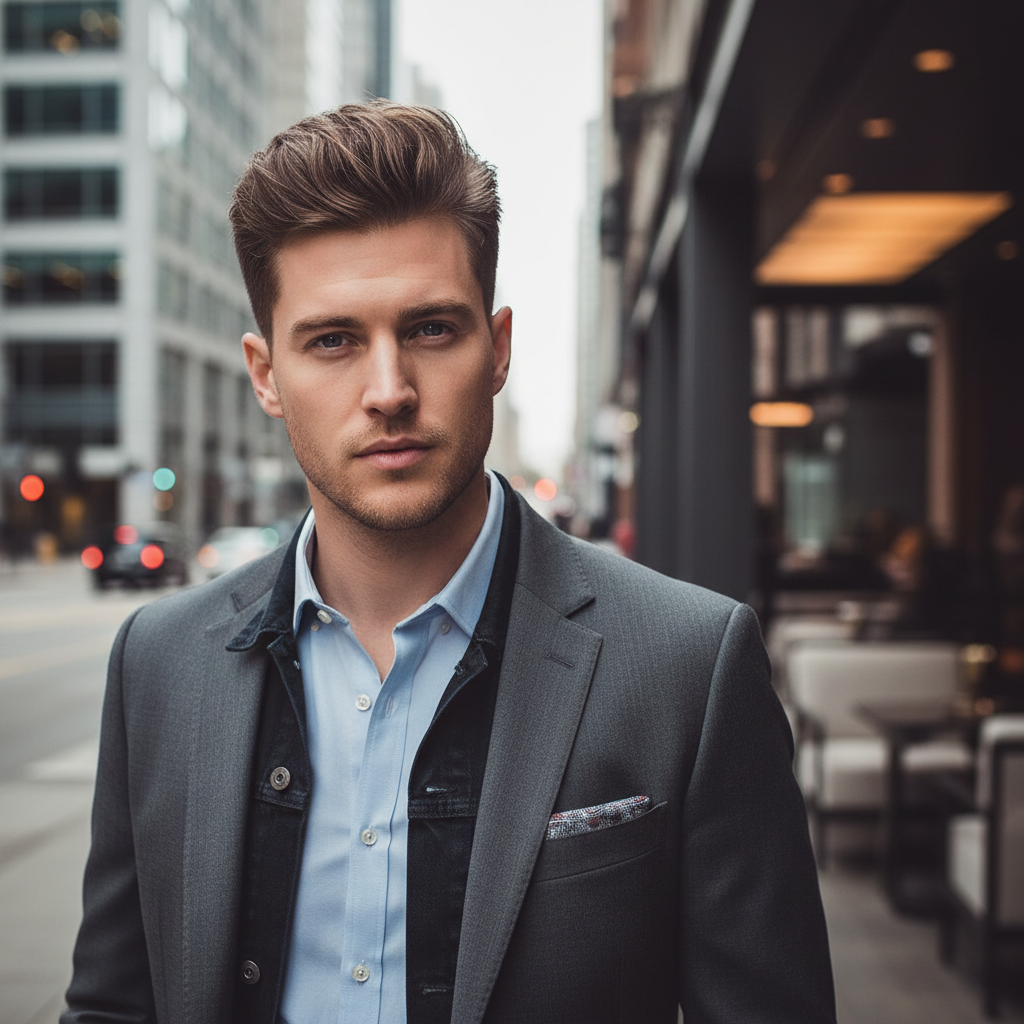 Stylish man in casual shirt and jeans on city street