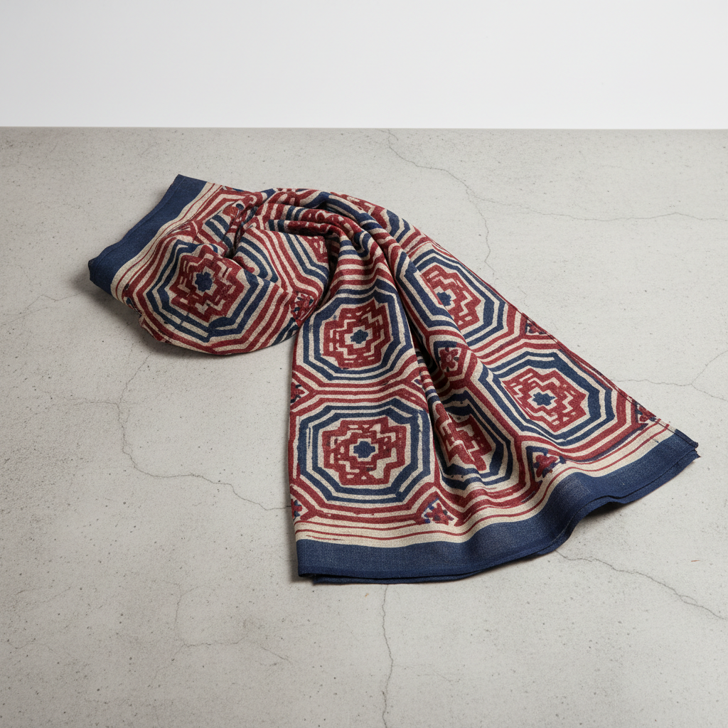 Block-printed cotton stole in traditional Ajrakh geometric pattern
