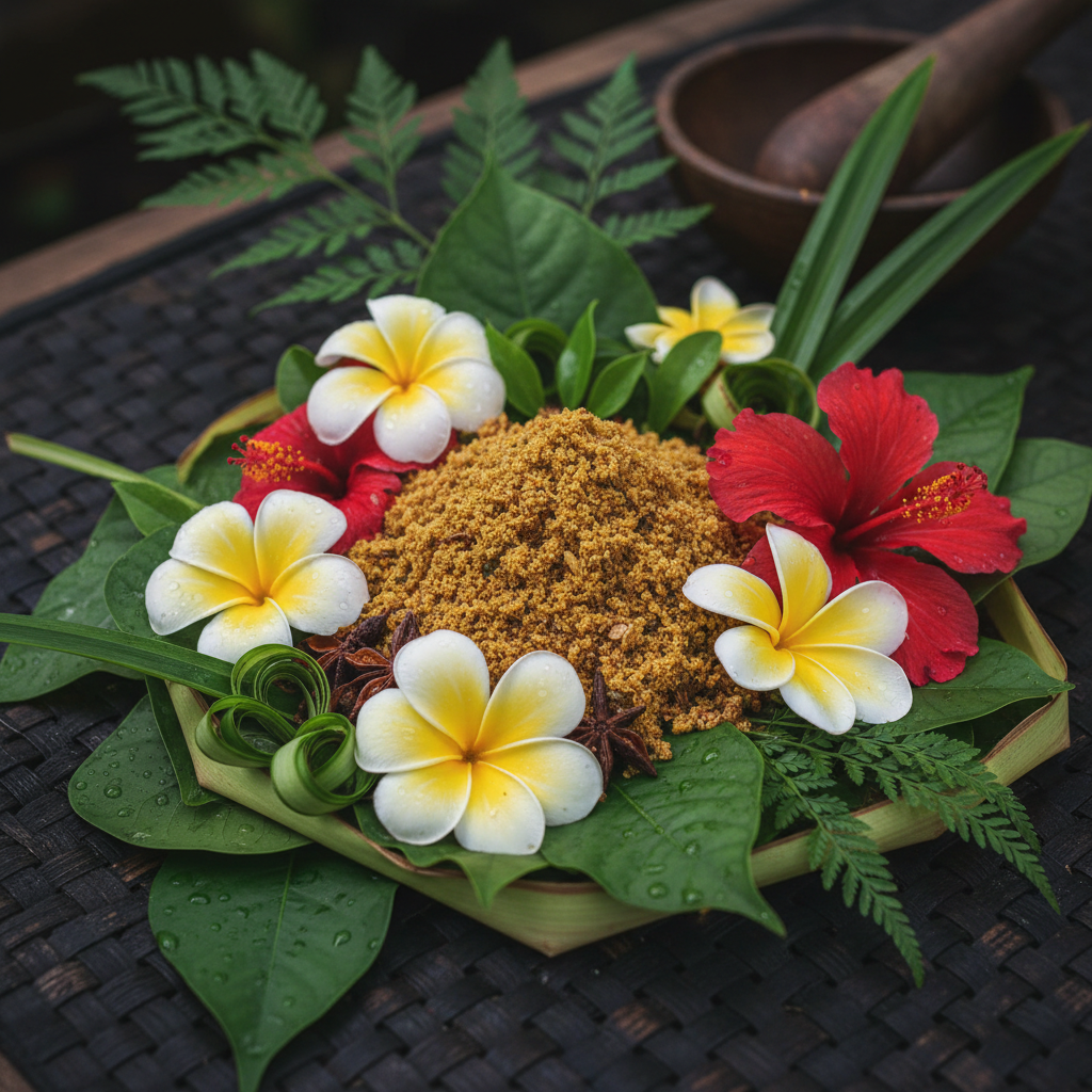 Traditional Balinese offering ceremony, warm natural light, vibrant colorful flowers