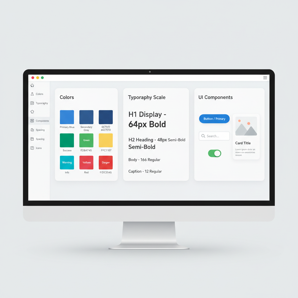 Design system component library with colorful swatches on screen