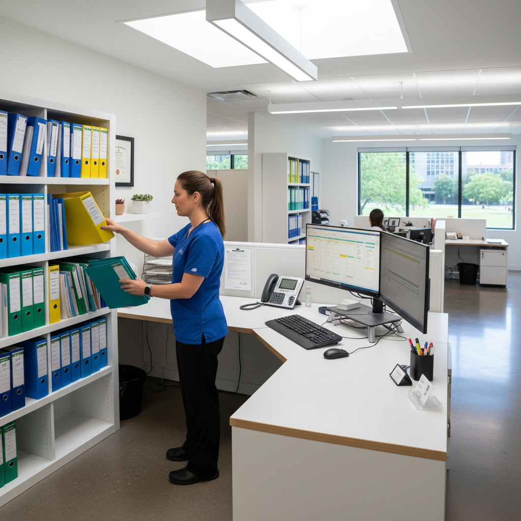 Healthcare office administrator organizing patient files and scheduling appointments