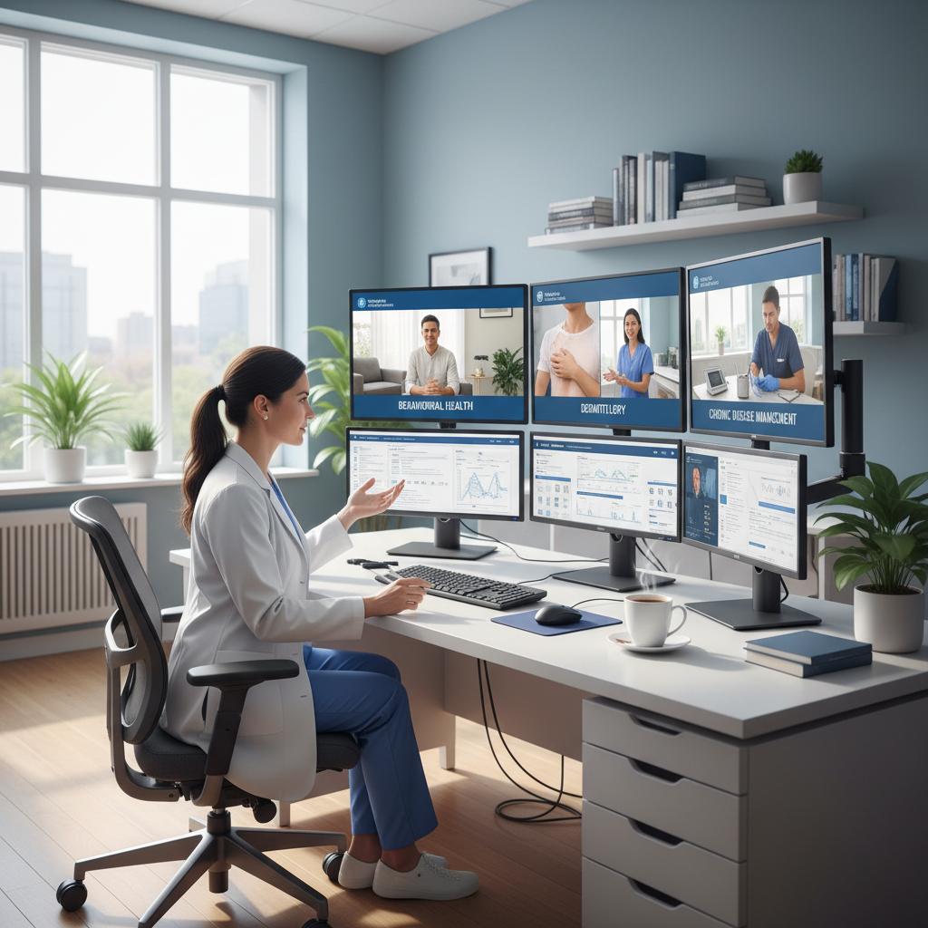 Healthcare provider conducting specialty telehealth consultations across behavioral health, dermatology, and chronic disease management on a multi-screen setup